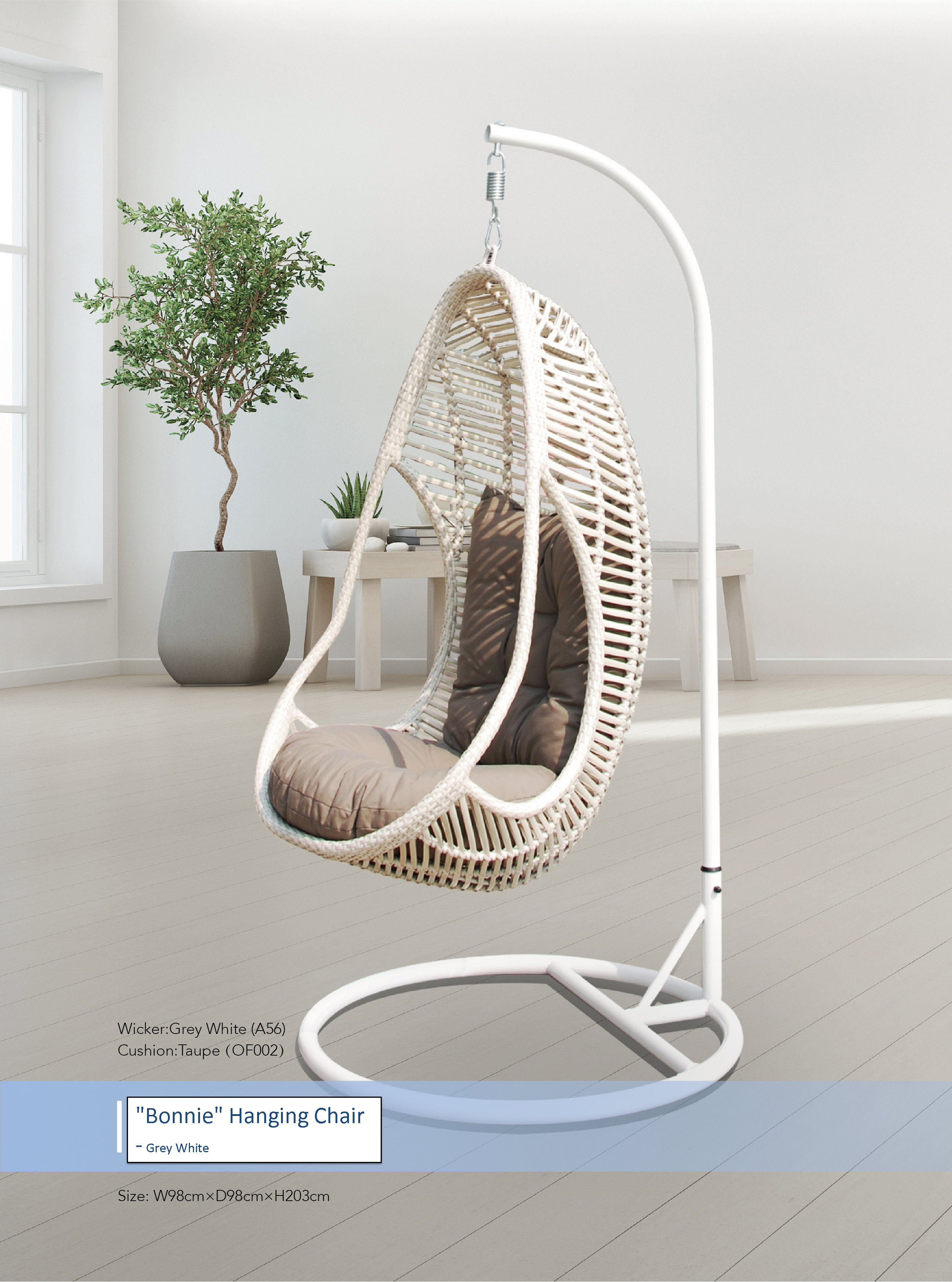 Bonnie Hanging Swing Chair Grey White Cobra Cane